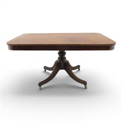 Regency mahogany tilt-top dining table, crossbanded rounded rectangular top, raised on a s...