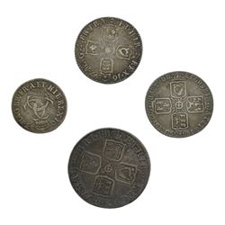 Charles II 1683 threepence, William III 1697 sixpence, Anne 1711 shilling and George II 1758 sixpence coin