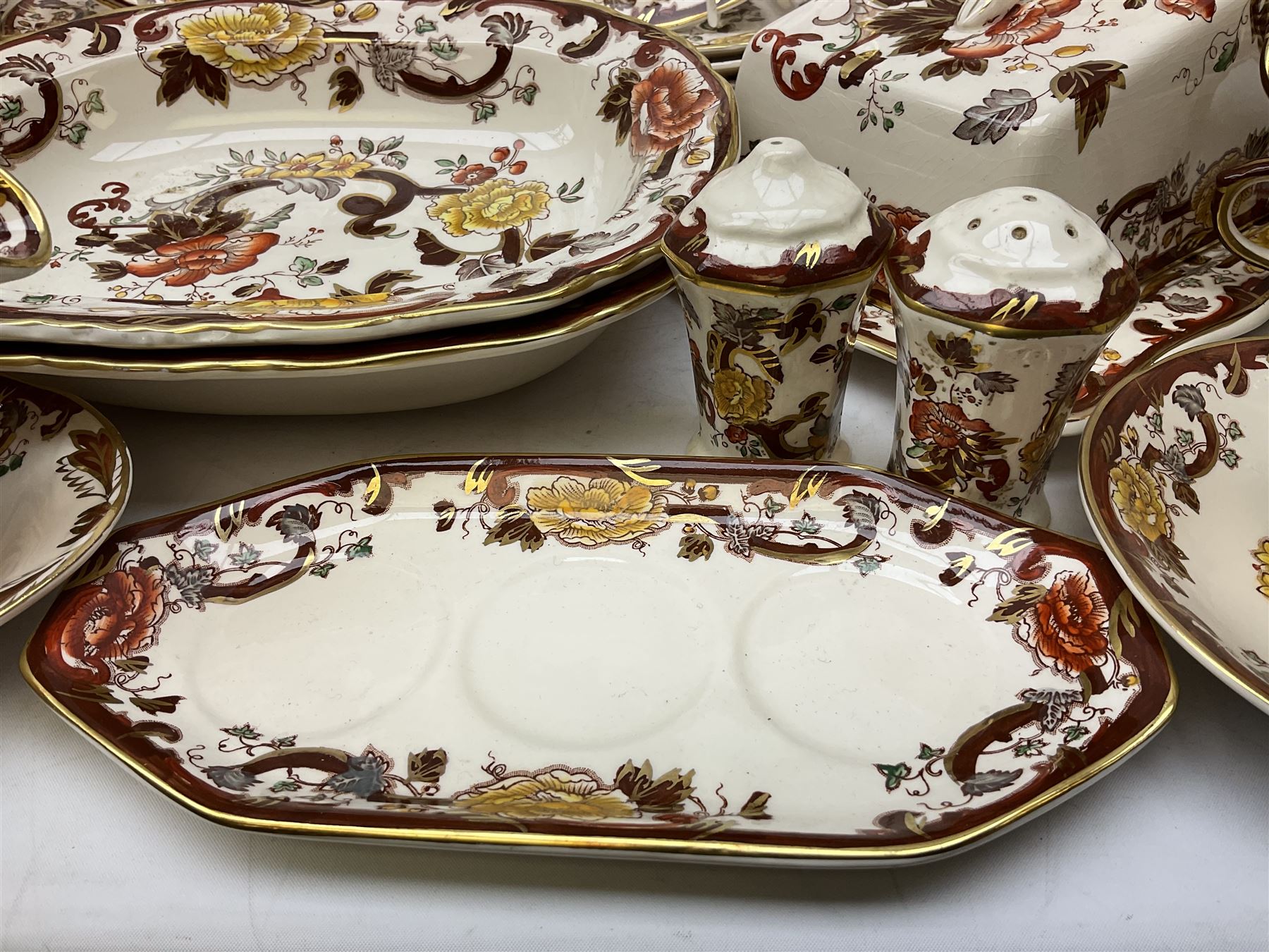 Masons Brown Velvet pattern tea and dinner wears, to include eight dinner plates, eight twin handled soup bowls and saucers, eight tea cups and saucers, cheese cover and plate, jug, meat platter etc (84)  
