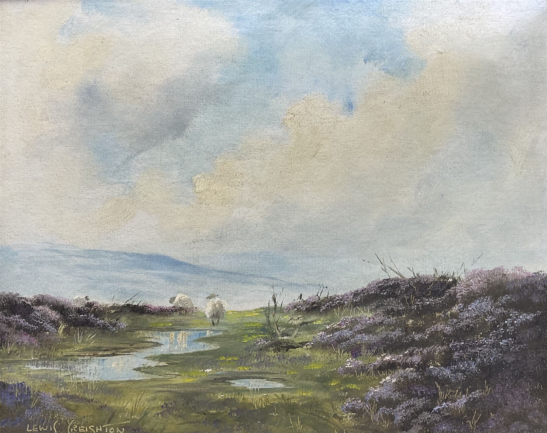Lewis Creighton (British 1918-1996): Sheep Wandering the Moors, oil on board signed 39cm x 49cm 