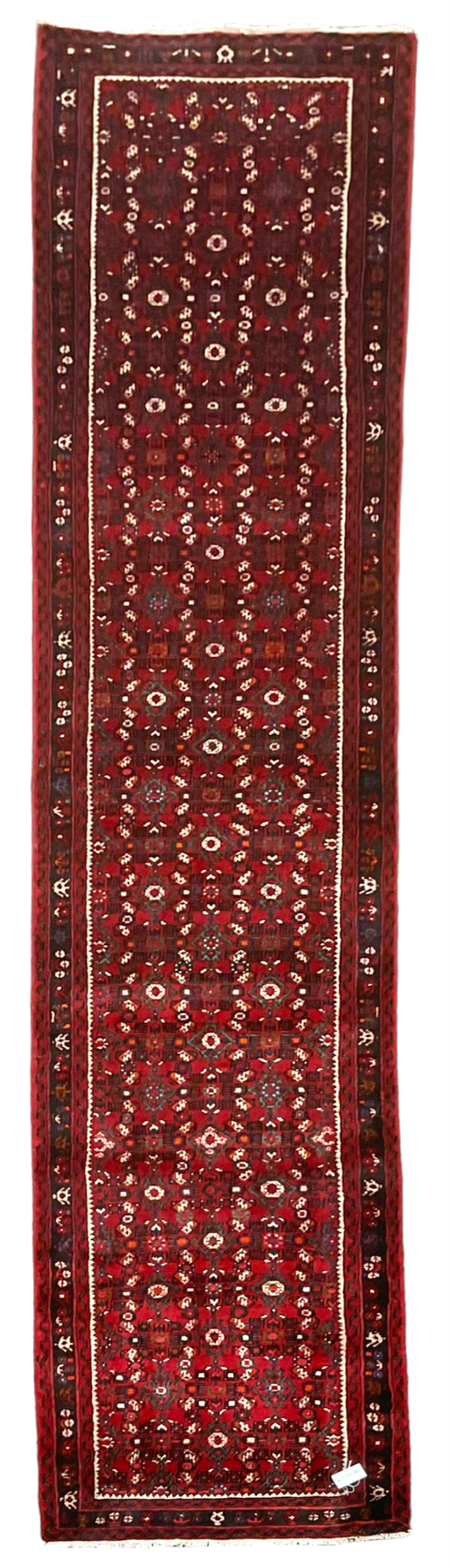 North West Persian Malayer runner, red ground field decorated with Herati motifs, guarded border decorated with trailing flowerhead band 