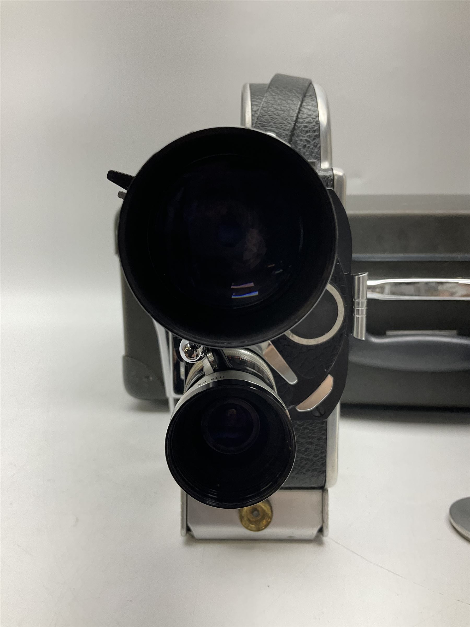 Bolex H16 Reflex camera body, serial no. 136928, with 'Macro-Switar 1:1.9 f=75mm' lens, serial no. 1131474, Switar H16 RX 1:1.6 f=10mm' lens, serial no. 1106324, with hard carry case