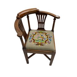 George III elm corner chair, turned supports and pierced splats, with tapestry upholstered drop in seat, square tapering supports joined by x-shaped stretchers