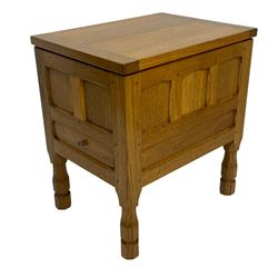 Brian Haw (former Mouseman carver) - Yorkshire oak work or sewing box, hinged lid with panelled sides, fitted with through drawer, on octagonal feet