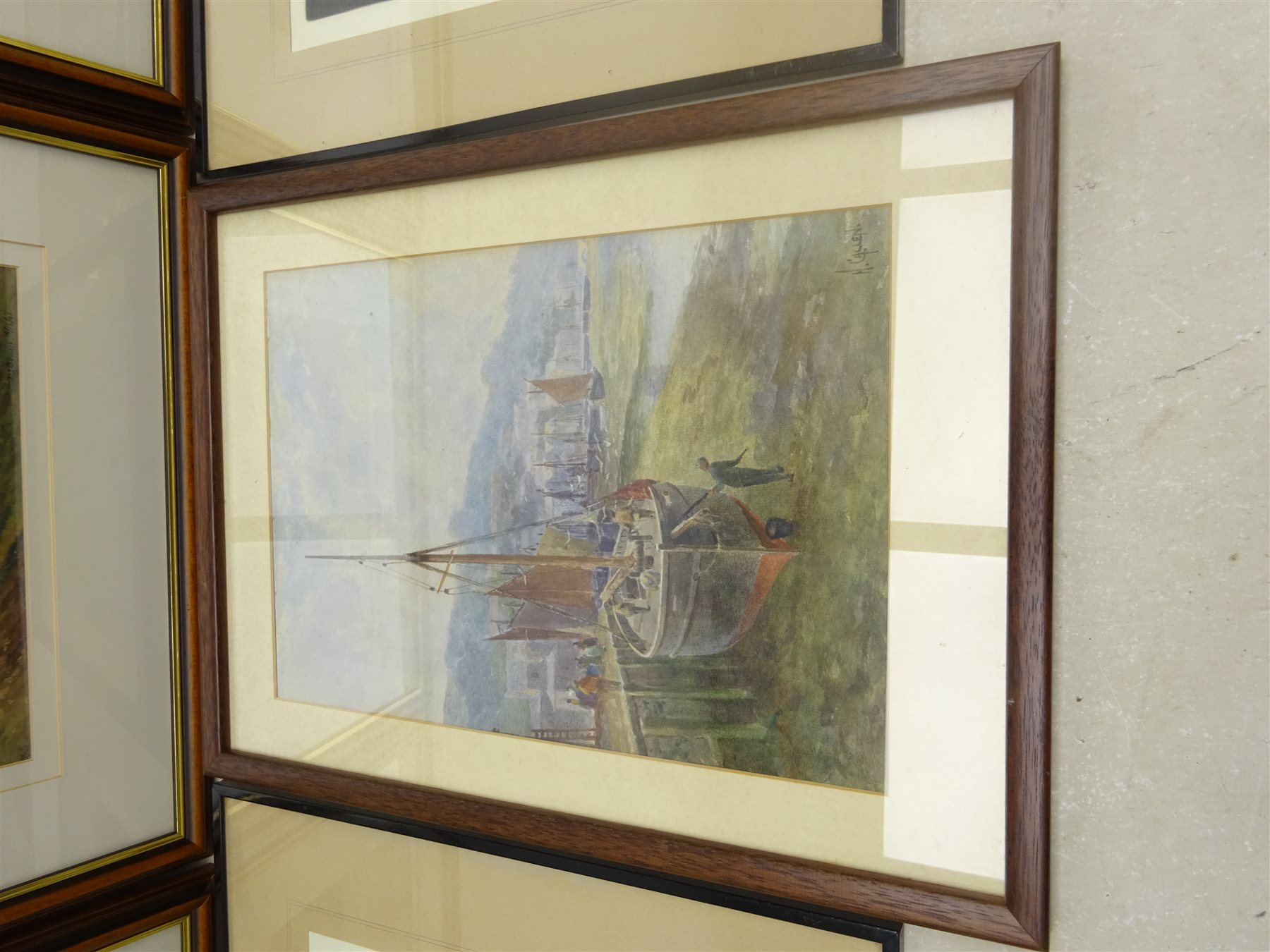 DJ Bevan (British 20th century): Moorland Scenes, three watercolours, two signed and one dated 16/12/41, Boats in the Harbour, early 20th century watercolour signed H Callen, and two etchings indistinctly signed and titled, max 34cm x 24cm (6)