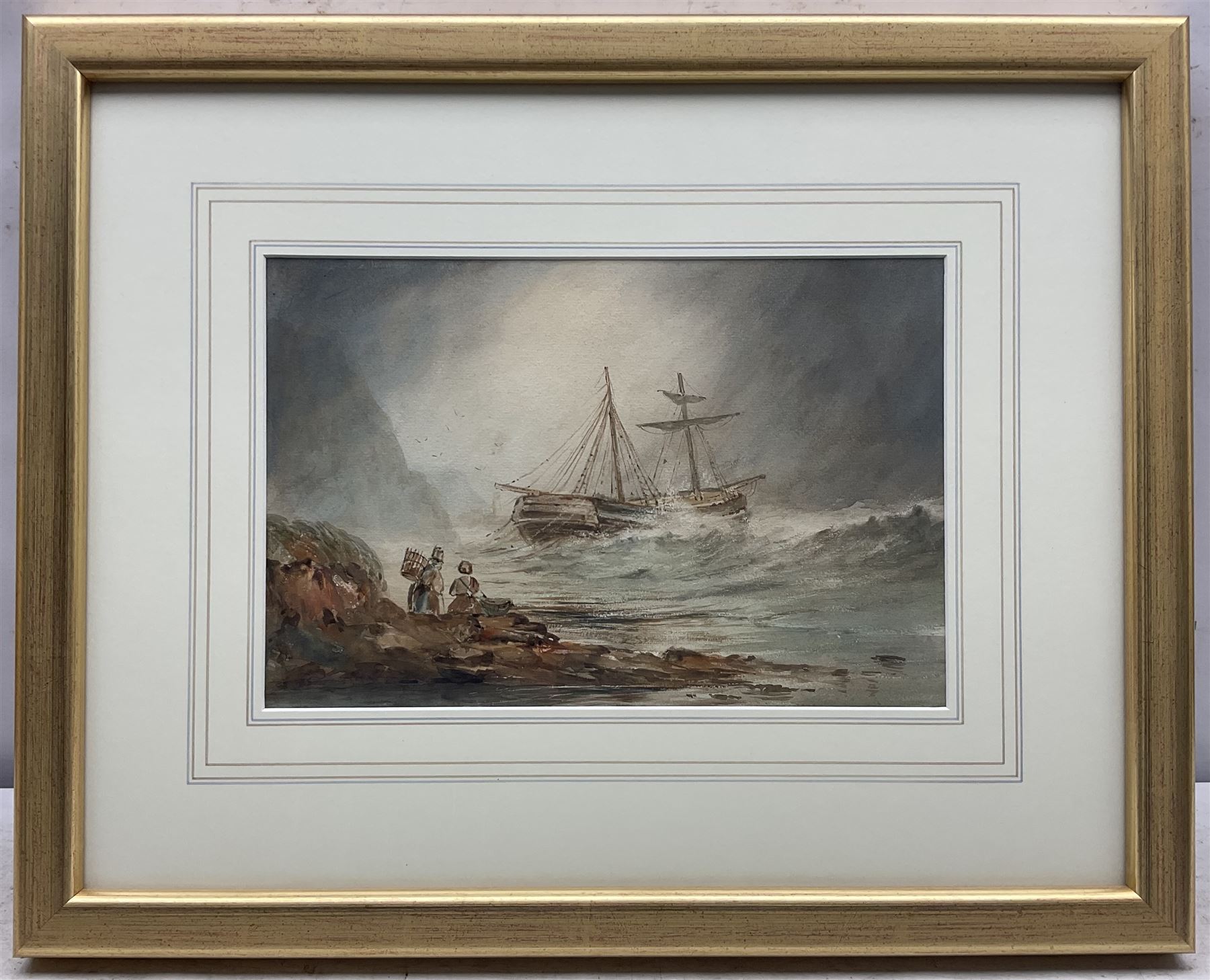 Henry Barlow Carter (British 1804-1868): Shipwreck at Cornelian Bay with Scarborough Lighthouse in the distance, watercolour with scratching out unsigned 21cm x 32cm