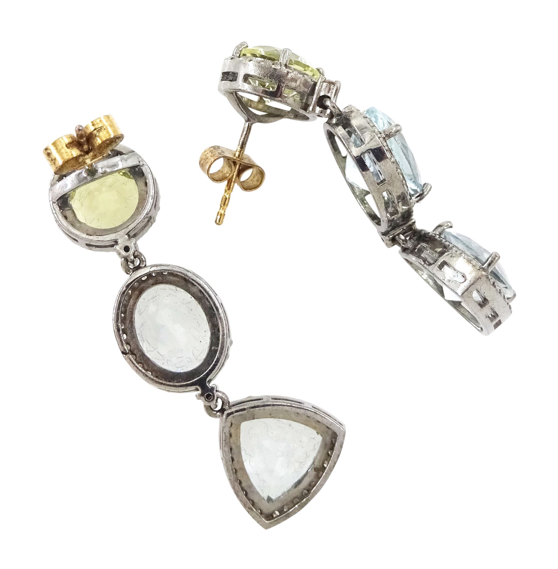 Multi gemstone set necklace, including aquamarine, morganite, heliodor and beryls, each with round brilliant cut diamond surround, with pair of similar pendant stud earrings, total gemstone weight approx 119.65 carat,  diamond weight approx 6.30 carat