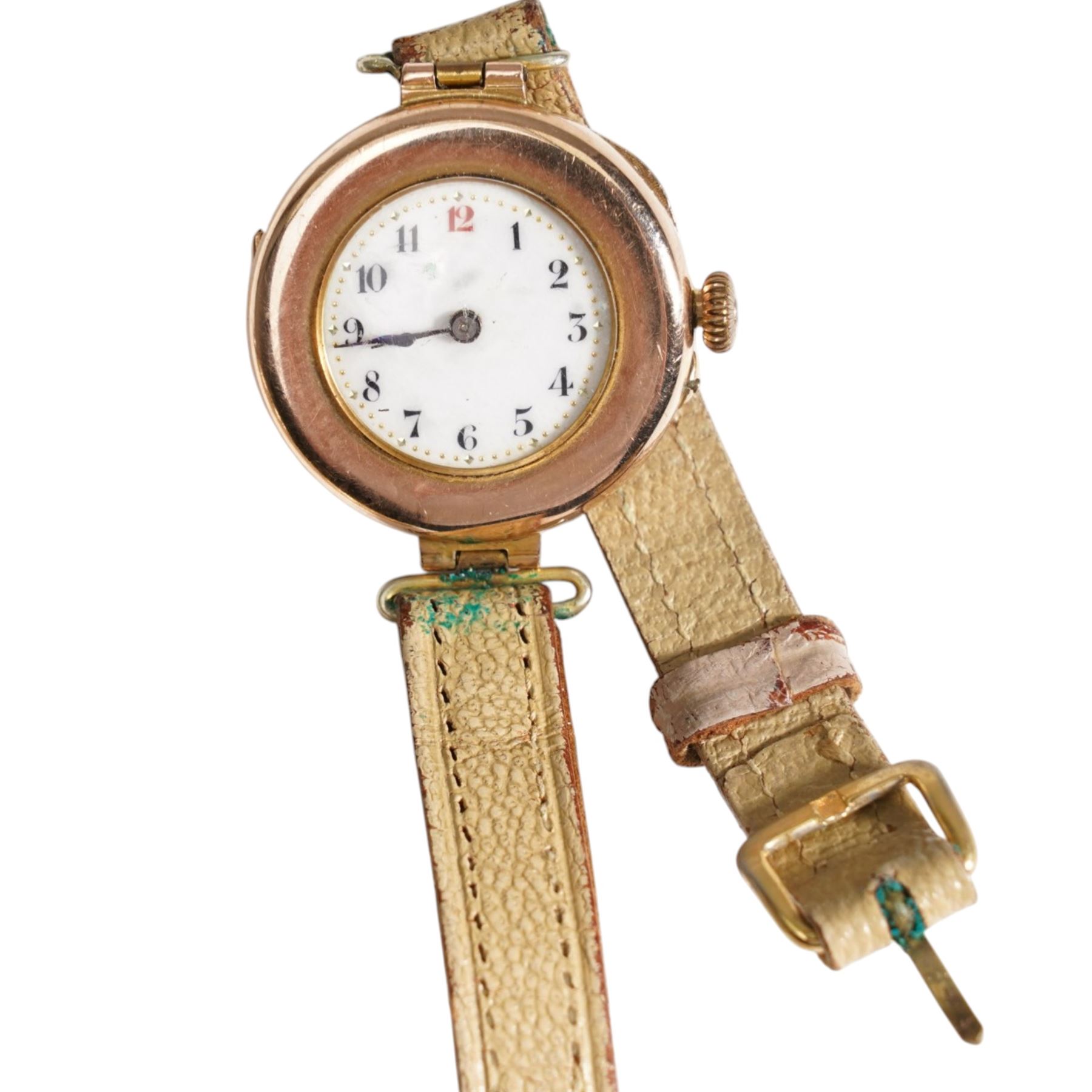Two 9ct gold manual wind wristwatches, hallmarked, on on a leather strap, the other on a expanding gold-plated strap