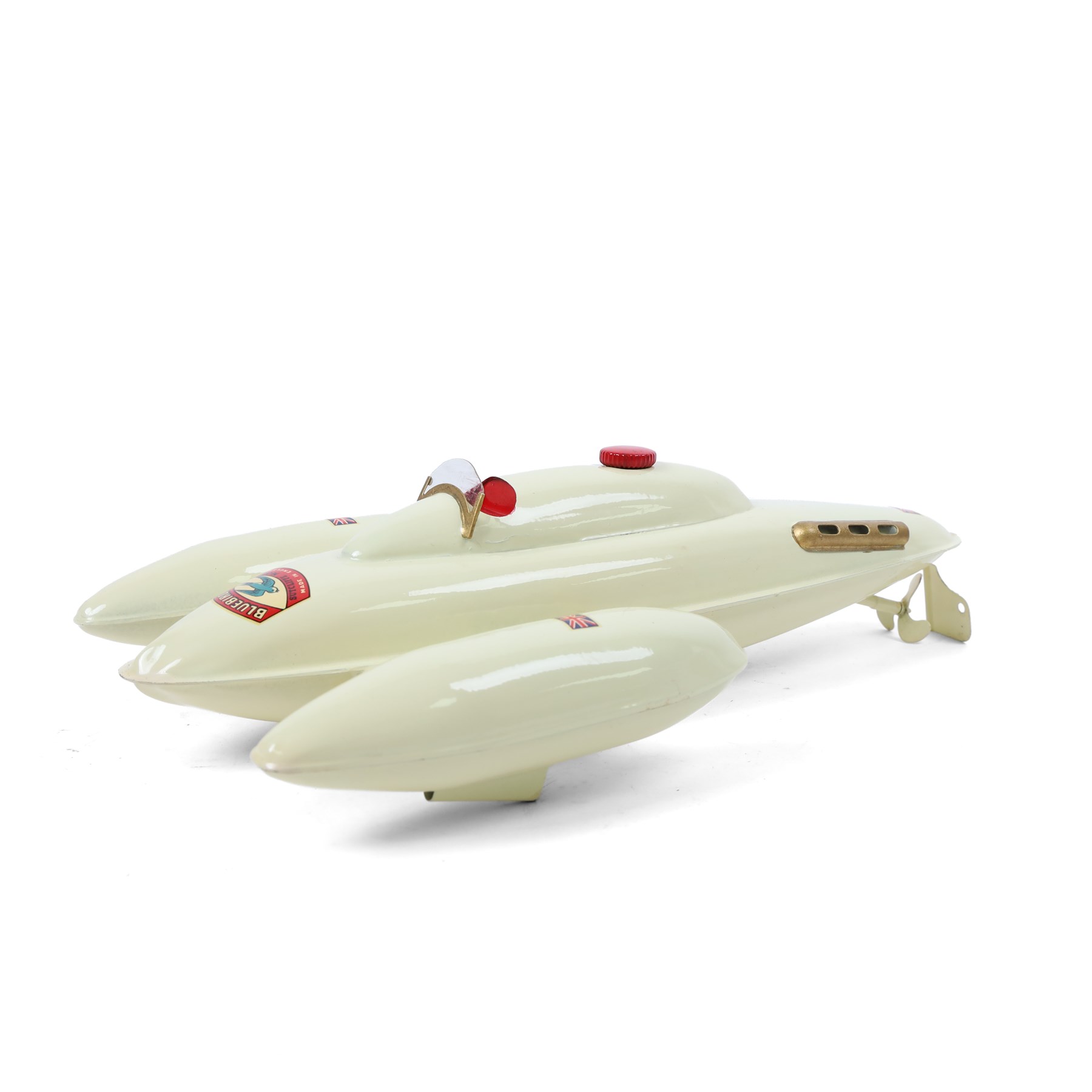 Sutcliffe Models tinplate clockwork 'Bluebird' speedboat, in red and cream livery with metallic gold details and applied decals, with key, boxed