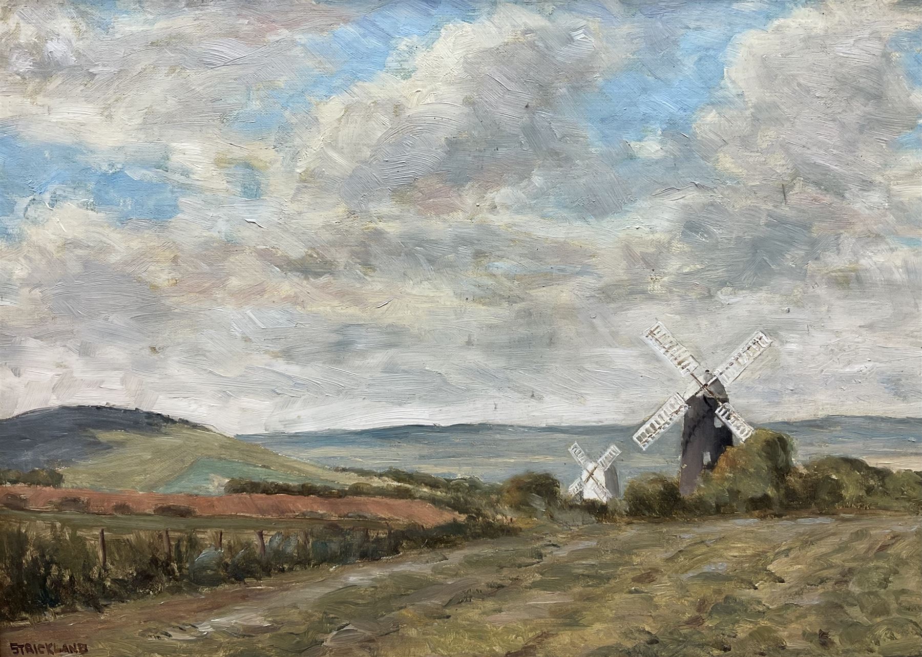 William Francis Strickland (1912–2000): 'Clayton Windmills' Nr. Brighton, oil on board signed, titled with artist's St. Leonards-on-Sea address verso 25cm x 35cm 