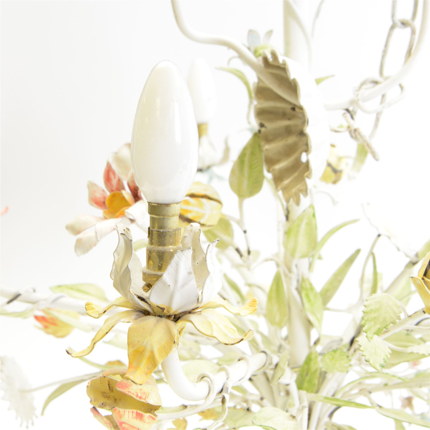 Mid-20th century French toleware chandelier, designed as a multicoloured floral bouquet, five branches each terminating in light fittings