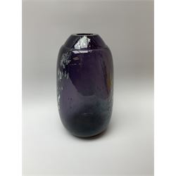 A heavy gauge amethyst Art Glass vase, of ovoid form with internal air bubble decoration, indistinctly signed beneath, H24cm