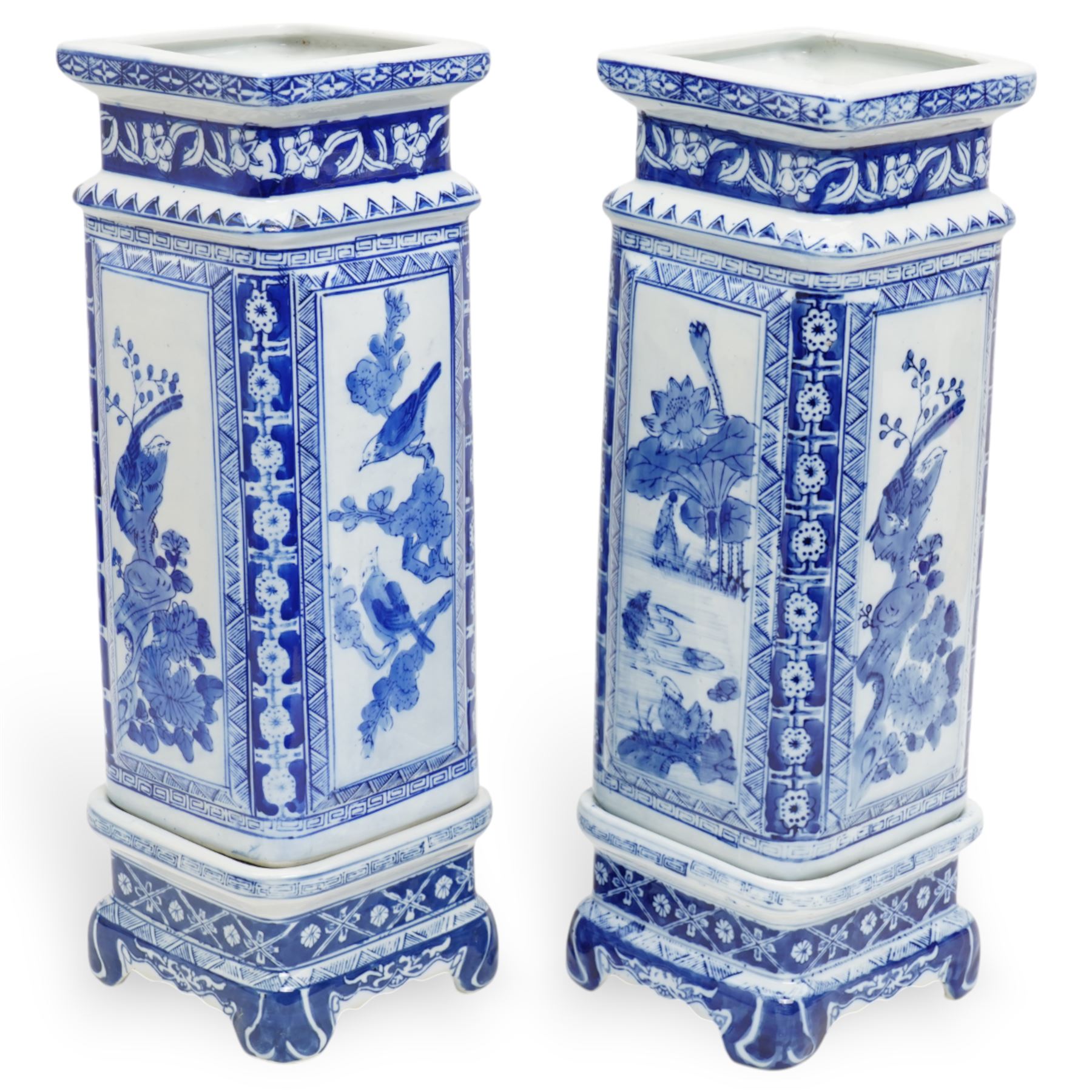 Pair of Chinese blue and white vases and stands, of rectangular form, decorated with panels of birds in nature, H43cm 