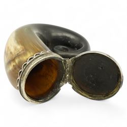 19th century Scottish rams horn snuff mill, the hinged cover with a silver plaque engraved with initials, below a silver scalloped mount, L10cm 