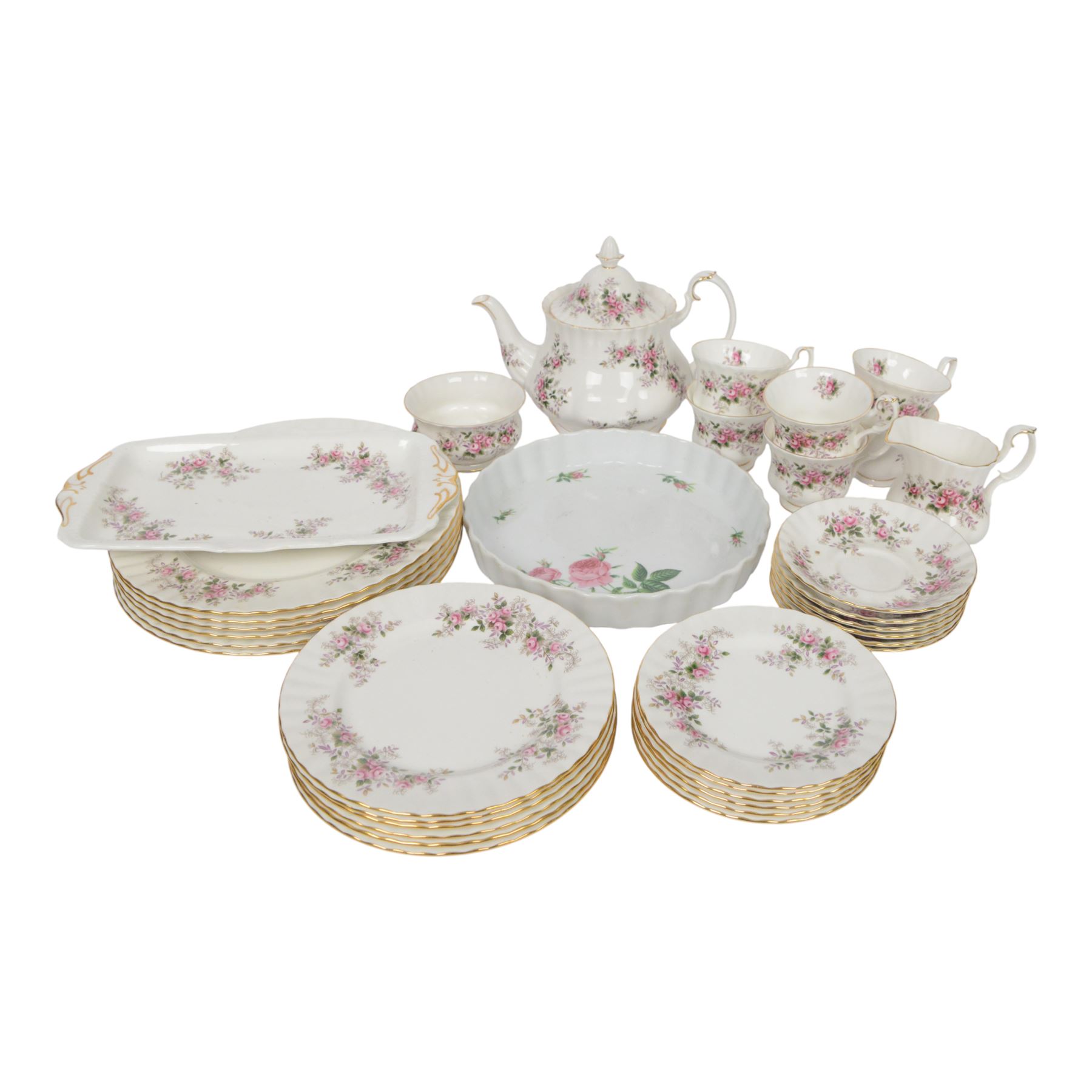 Royal Albert Lavender Rose pattern tea service for six including teapot, jug, open sucrier, teacups and saucers, side plates, dinner plates etc  