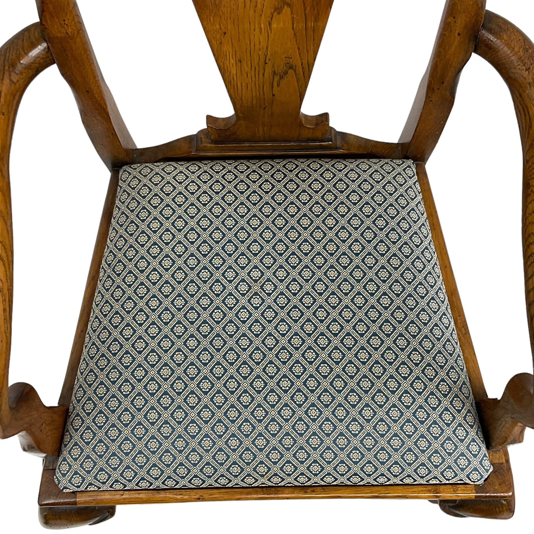 Late 20th century oak dining table, rectangular top with two draw leaf extensions, on turned supports united by moulded hayrake stretchers (180cm - 278cm x 90cm, H76cm); set of eight (6+2) oak dining chairs, shaped cresting rail over shaped splat back, upholster drop-in seat, on cabriole supports united by turned H-shaped stretchers 