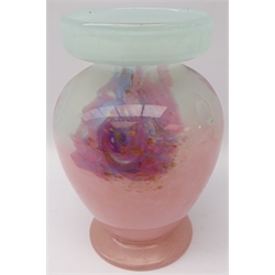  Monart glass table lamp, the dome 'Mushroom' shaped shade supported by a baluster base with mottled pale pink, deeper pink, blue and aventurine swirling inclusions, H34cm   