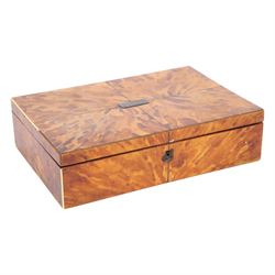 Regency blond tortoiseshell veneered box, the hinged lid with inlaid white metal and central cartouche, H7cm, L26cm