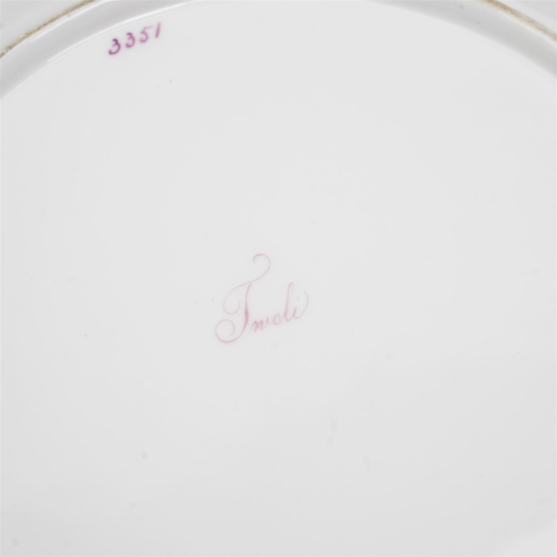 Set of five Derby plates with painted landscapes by Henry Lark Pratt, within gilt detailed swept boarders, the scenes comprising 'Brougham Castle - Northumberland' 'Eglinton Castle' 'Tivoli' and 'Blickling - Norfolk', with painted titles to base, pattern no. 3351 (5)