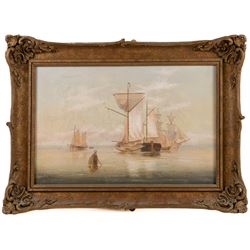 Edward King Redmore (British 1860-1941): Boats Sailing at Sunset, oil on canvas signed in gilt frame 37cm x 47cm