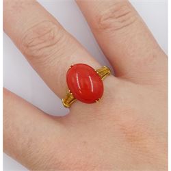 14ct gold single stone coral ring, stamped