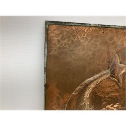 Pair of Arts and Crafts Newlyn style copper panels, each of rectangular form decorated in relief with a stylised fish against a hammered ground, H39.5cm W27.5cm