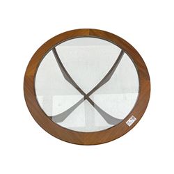 G Plan - 'Astro' mid-20th century teak coffee table, circular form with inset glass top within a wide chamfered teak border, on sculptural cruciform base with curved intersecting supports