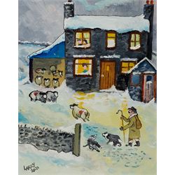 Larry Chambers (Northern British 1949-): 'Let’s Get These Girls Inside', oil on board signed, titled verso 25cm x 20cm (unframed)