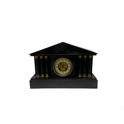 Early 20th century Belgium slate mantle clock with an eight-day French rack striking movement striking the hours and half-hours on a coiled gong, dial with an enamel chapter ring and a gilt recessed centre, hours in upright Arabic numerals and minute markers with steel spade hands, brass bezel and bevelled glass, Greek architectural case with an incised plinth, recessed fluted columns and brass capitals supporting an architectural pediment with incised decoration to the tympanum.  With pendulum.
