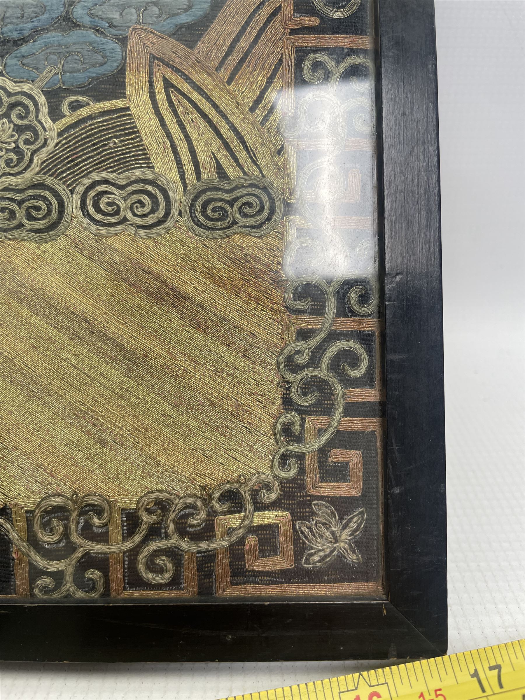 Early 20th century Chinese silk work tapestry, depicting a crane flying over a river, H30cm 