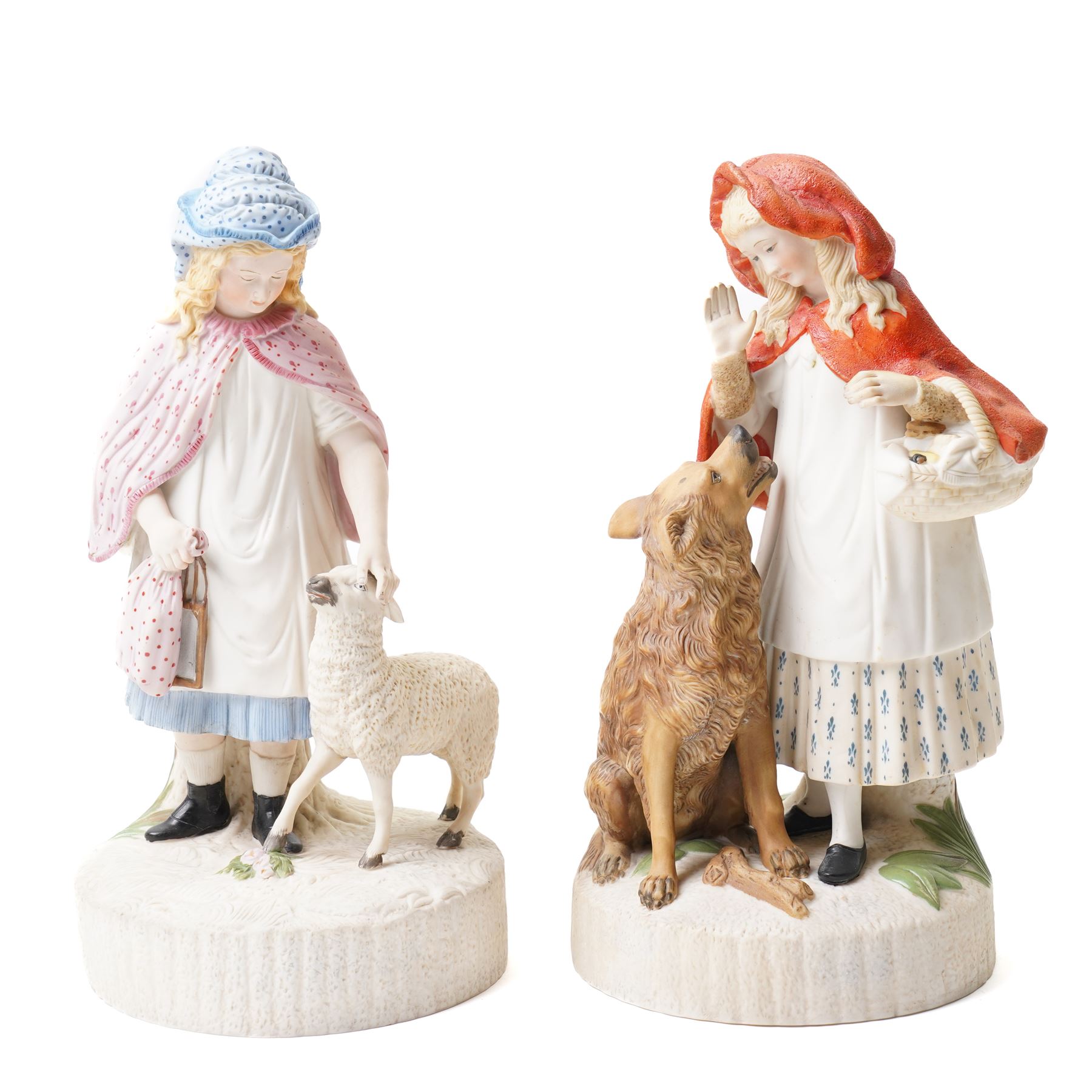 Pair of 19th century bisque figures Little Red Riding Hood and Mary had a Little Lamb H29cm