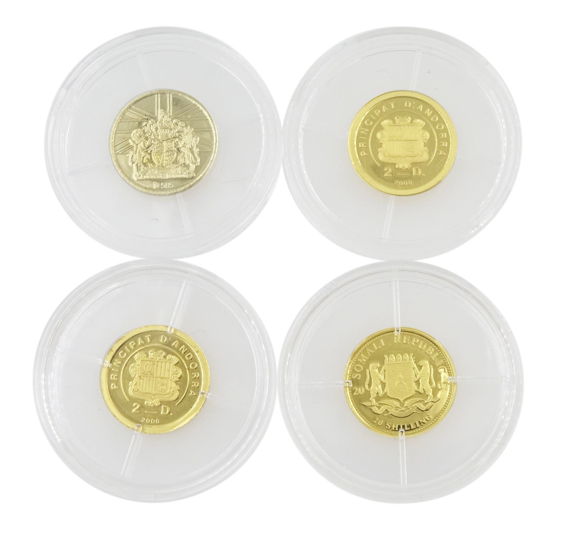 Four gold 'World's Smallest Coins', including three 24ct gold coins and one 14ct gold coin, all with certificates
