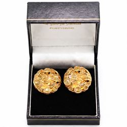 Pair of 18ct gold plique-à-jour earrings, each circular stud with yellow and gold glitter plique-à-jour decoration, some raised within a beaded and rope twist framework, stamped 750
