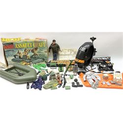 Action Man - one figure, boxed Assault Craft, dismantelled  Capture Copter, two bags of equipment and accessories etc