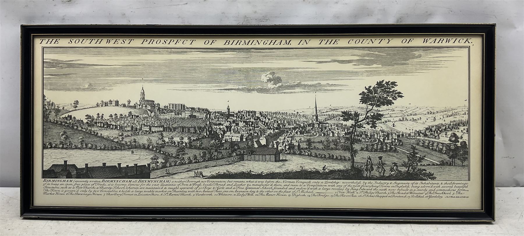 'The East Prospect of Birmingham' and 'The Southwest prospect of Birmingham in the County of Warwick': two 20th topographical engravings max 46cm x 89cm (2)