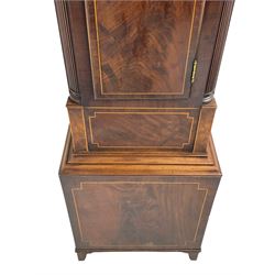 Samuel Ritchie of Forfar - William IV 8-day Scottish longcase clock in a mahogany case, with a swans neck pediment, brass paterae and three ball and spire brass finials, case and trunk inlaid with satinwood stringing on a plinth raised on decorative bracket feet, painted break arch dial depicting a costal scene to the break arch and conch seashells to the spandrels, Roman numerals, subsidiary seconds and date dials with matching steel hands, with a rack striking movement striking the hours on a bell. With weights, key, and pendulum.  Samuel Ritchie is recorded as working in Forfar 1800-37.