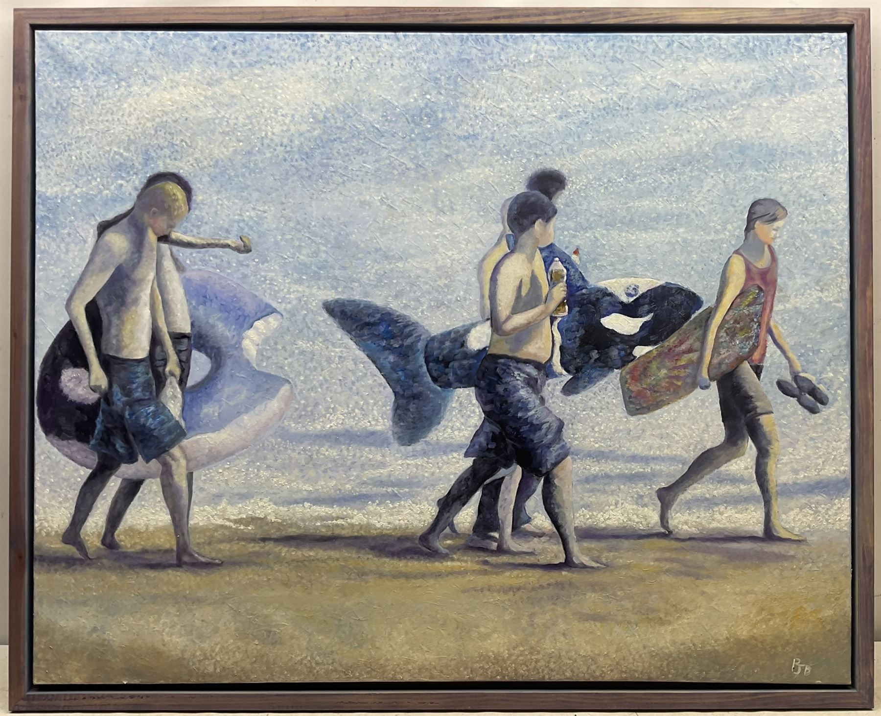 Peter J Bailey (British 1951-): 'The Wild Swimmers' - South Bay Scarborough, oil on canvas signed, titled verso 81cm x 102cm