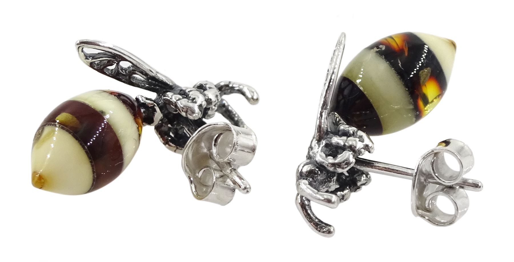 Pair of silver amber bee stud earrings