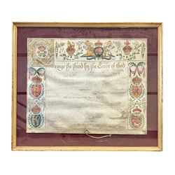 Large 18th century framed and glazed Indenture for King George III to George Rivers, Lord Rivers of Straths Saye, including frame H92.5cm L107.5cm