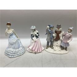 Quantity of figures to include The Bradford Exchange Winter Majesty Protectors of the Pack group, Coalport Ladies of Fashion Donna, The Leonardo Collection snowman and children figure group, Royale County Amy, decanter modelled as a drunk gent in nightwear holding bottle with four cups etc