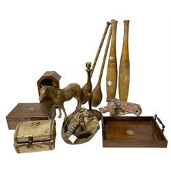 Taxidermy armadillo basket, mahogany clock case, burr walnut box, wooden exercise pins, satinwood pen tray with turned handles and a collection of other wooden collectables