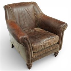 Tetrad - late 20th century leather armchair, upholstered in brown leather with a gently curved back and rolled arms, loose seat cushion over a padded base, raised on turned wooden feet