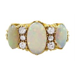 Early 20th century gold three stone opal and six stone old cut diamond ring, stamped 18ct