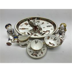 Royal Crown Derby Treasures of Childhood cabaret set, comprising tray, milk jug, sucrier, teacup and saucer, together with two Royal Crown Derby Treasures of Childhood paperweights Fleur and Ragdoll Sailor and Teddy bear paperweight, all paperweights are without stoppers