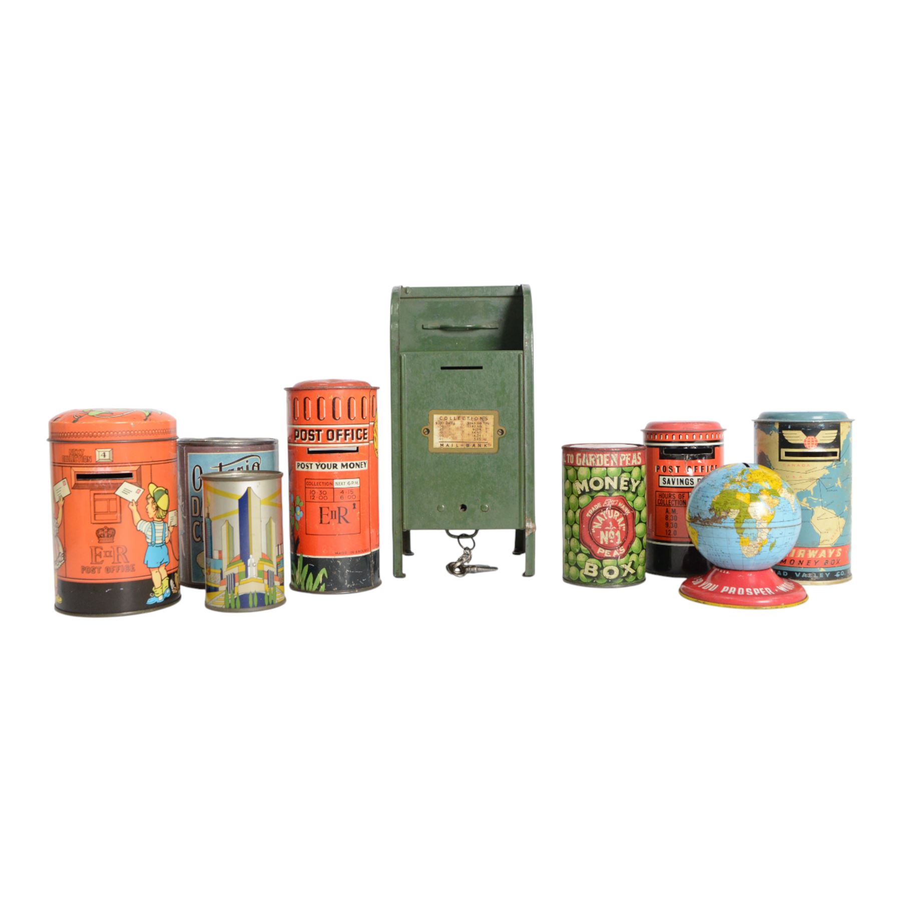 Ten vintage tin plate money boxes, including All American  Toys Mail-Bank, Chad Valley Airwaves Money Box, Chad Valley Post Office Money Box, Canister Co. Ltd Natural No.1 Peas Money Box, etc, tallest H23cm