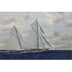 James Miller (British 1962-): 'Columbia and Shamrock Jockeying for Position - America's Cup 1899', oil on canvas signed, titled verso 64cm x 94cm