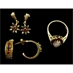 Gold opal and garnet ring, pair of gold garnet hoop earrings and pair of pendant earrings, all 9ct tested or hallmarked (3)