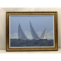 James Miller (British 1962-): J Class Yachts - 'Falmouth Regatta 2015', oil on canvas signed, titled verso 62cm x 87cm