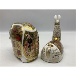 Two Royal Crown Derby paperweights, comprising Elephant, with gold stopper and Llama, with gold stopper, both with printed mark beneath 