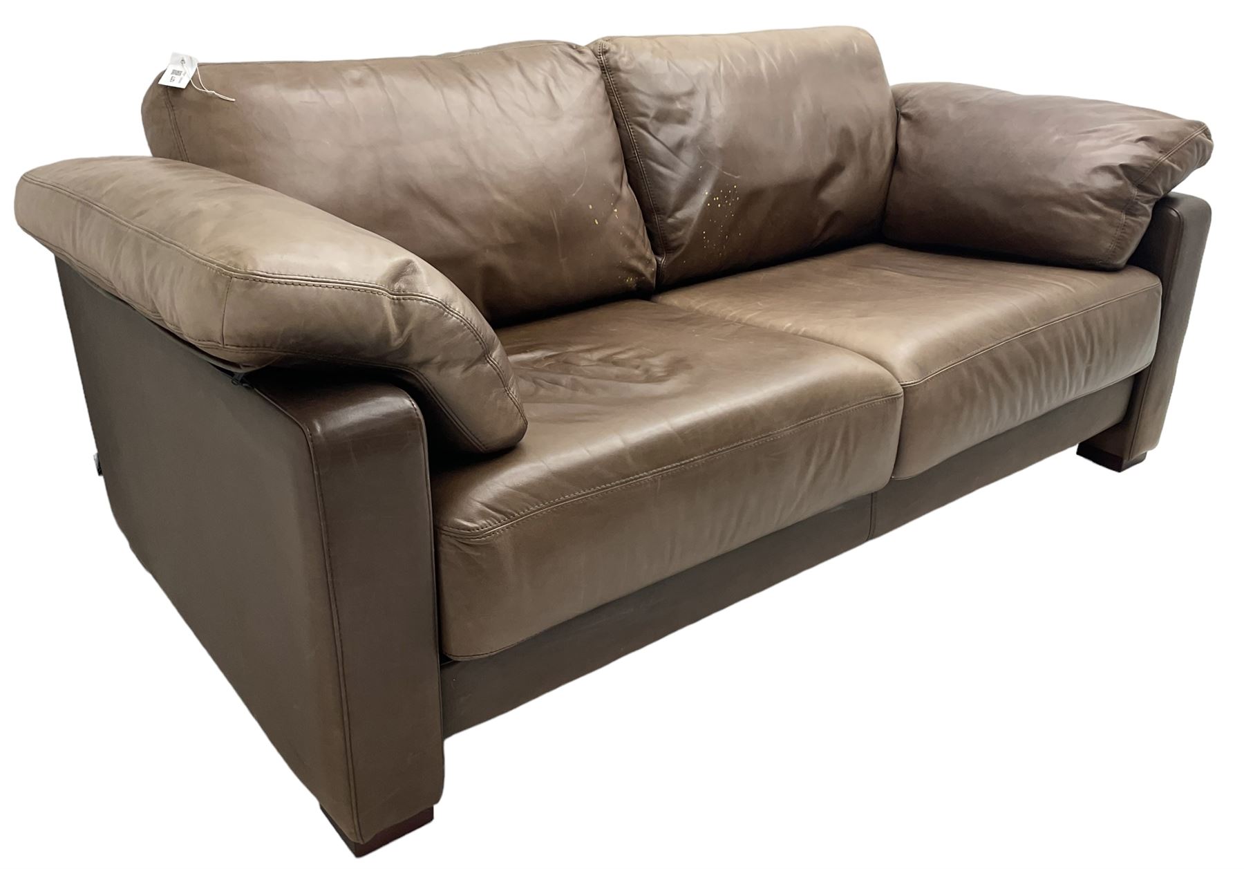 Heals - contemporary two seat 'Palermo' sofa, upholstered in chocolate brown leather, raised on wooden block feet